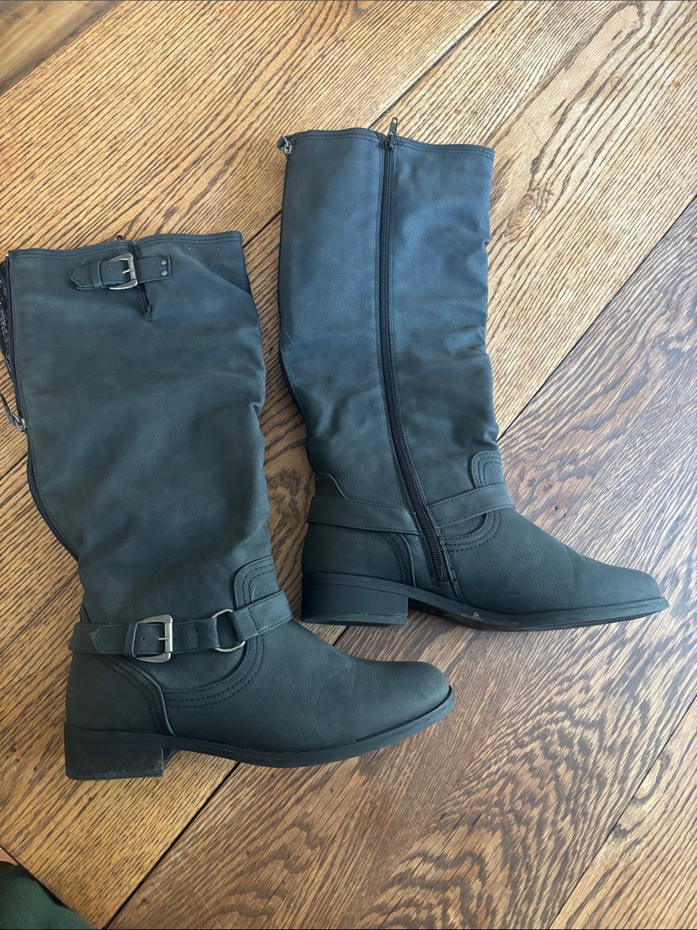 Classic Knee-High Buckle Boots - Black Wide Calf